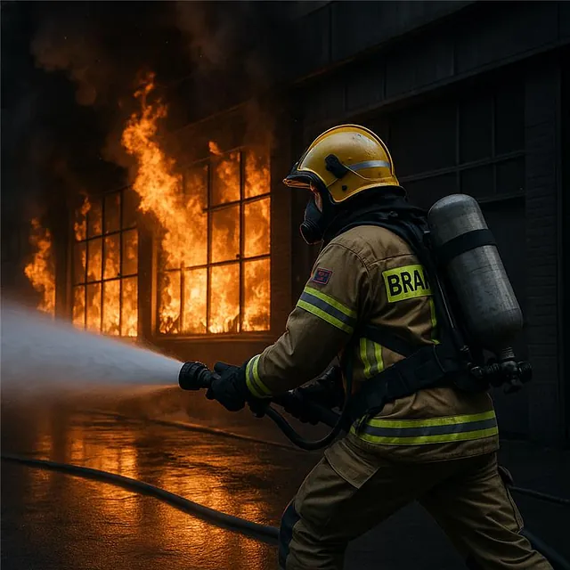 Brannmann i fullt utstyr slukker flammer fra en bygning i brann